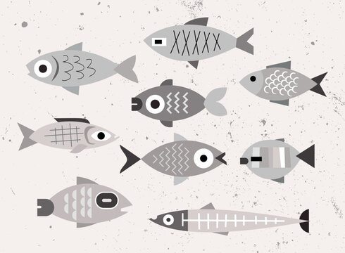 Vector monochrome design of group of various fishes on a light grunge background. Each one of the design element created on a separate layer and can be used as a standalone image or icon.