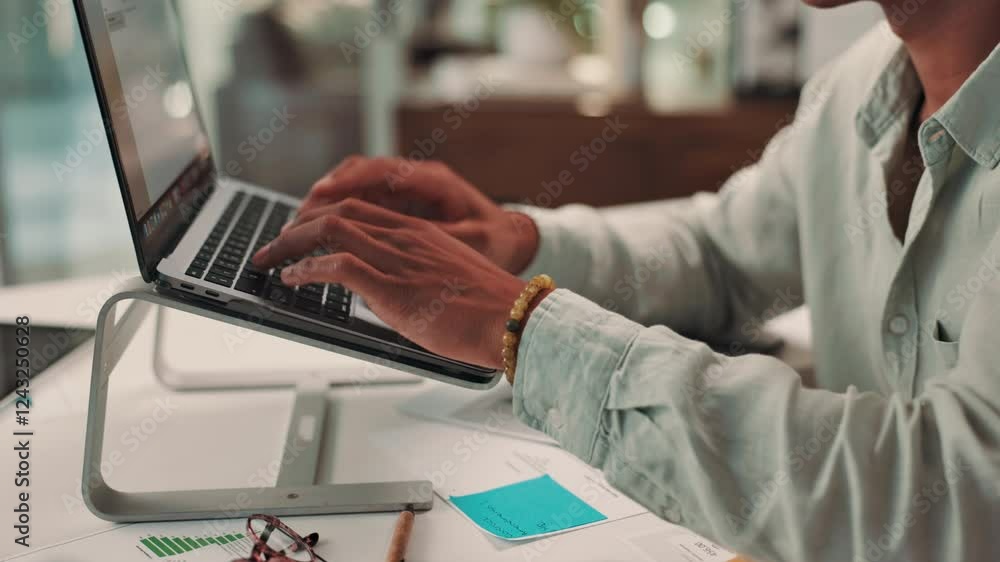 Poster Laptop, typing and hands of man in office with notes on data analytics, stats or development report. Planning, consultant or business intelligence analyst with online research, documents and ideas