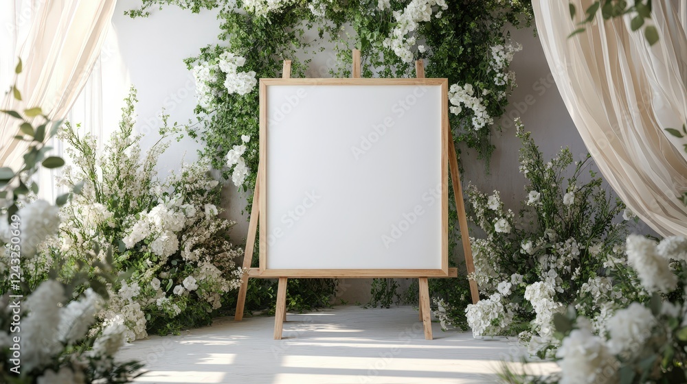 Poster Blank Signboard in Elegant Floral Surroundings Perfect for Displaying Custom Messages or Artworks in a Serene Setting