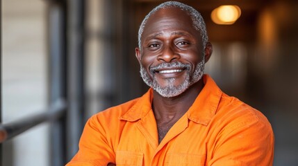 Fototapeta premium Portrait of a Happy Mature African American Man. A joyful and serene expression, radiating positivity and peace.