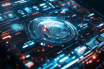 A holographic interface filled with transparent, glowing UI elements