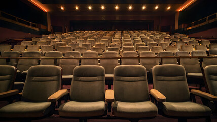 Naklejka premium Empty Theater Seating Area With Warm Ambient Lighting And Deep Red Carpet In A Modern Cinema Hall Interior Design Features Comfortable Seating Rows And Wood Padding. A Spacious