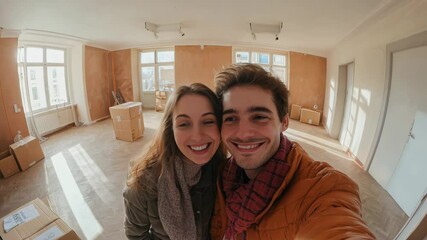 Happy young couple doing video call inside new apartment home property - Investment and buying house concept - Models by AI generative