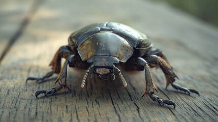 Naklejka premium Close-up of a Dark, Shiny Beetle on Wood