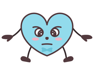Angry blue heart shape character. Young man in love symbol shape. Frowning, threatening pose, arms to the sides, bow tie. Color vector illustration. Isolated white background. Cartoon and kawaii style