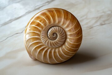 A golden spiral shell resting on a smooth, marble surface.