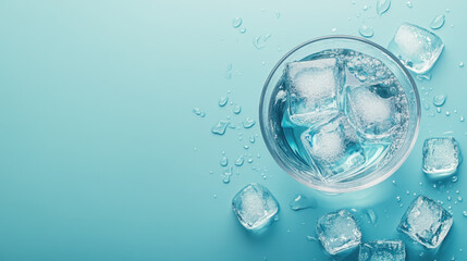 A glass filled with ice cubes sits on a vibrant turquoise surface, glistening under gentle light, perfect for a warm weather refreshment