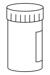 Plastic medicine jar. Sketch. Vector illustration. Tube with label, with screw cap. Outline on isolated white background. Coloring for kids. Empty tube for medicine. Idea for web design.