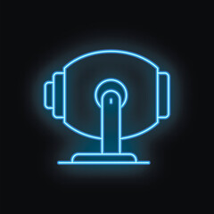 Blue neon icon of a spotlight illuminating a dark space, perfect for entertainment and performance themes