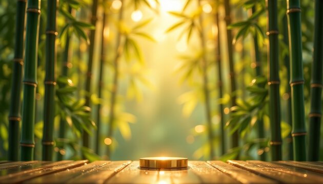Luxurious background in bamboo grove at sunset, empty podium display for product presentation on marketplace, organic, spa, health, cosmetic, beauty 