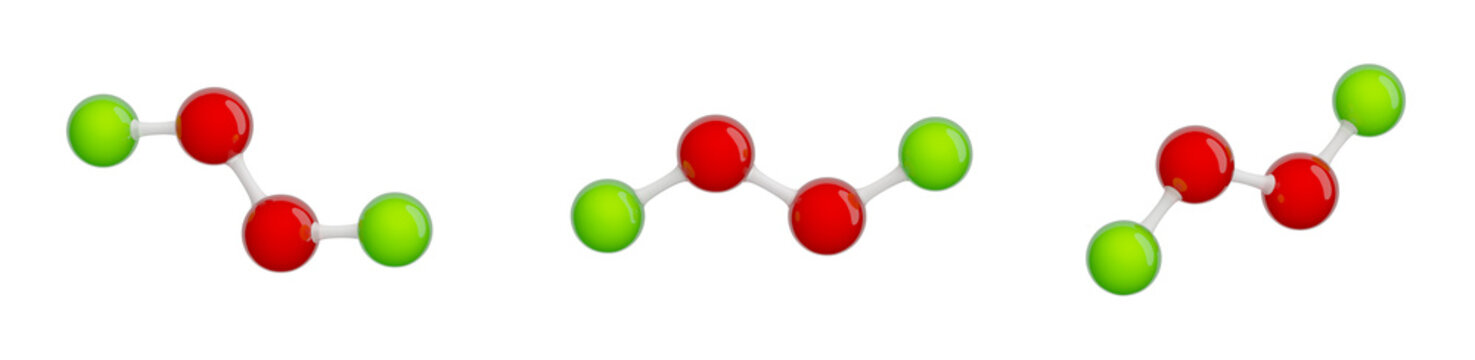 Molecule of Chlorine Peroxide. Set of views. Molecular formula: Cl2O2. Chemical model: Ball and stick. Isolated. White background. 3D illustration