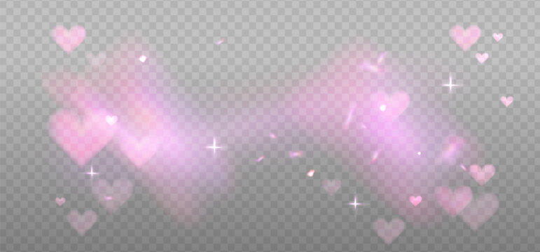 Romantic reflection, pink light prism effect on light background. Hologram glass dispersion, crystal hearts glittering overlay. Vector illustration