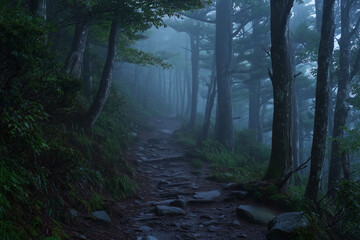 Obraz premium Foggy Forest Path Leading into Darkness