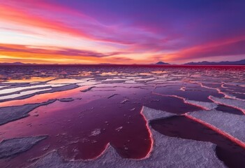 The sun setting over a salt marsh in Bolivia, with vibrant red and purple hues in the sky.