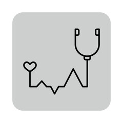 Health icon with heart and fluctuating heartbeat line, connected to stethoscope. Medical care and health monitoring concept