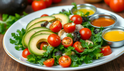 Fresh Avocado and Cherry Tomato Salad with Cilantro and Dressing on a White Plate