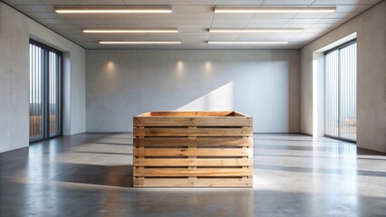Modern minimalist interior design showcasing a large wooden crate centerpiece in a sunlit room with polished concrete floors and large windows