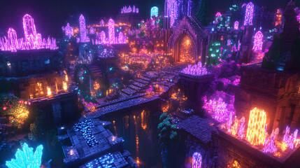 An Enchanting Lost Underground Metropolis with Streets Lit by Glowing Crystals in an Otherworldly Fantasy Setting