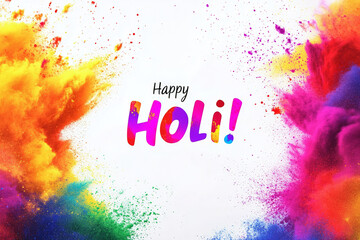 Vibrant Holi Celebration Background with Colorful Powder Explosions, A festive Holi celebration image showcasing colorful powder explosions against a white background, Copy space for your text