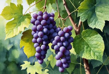 Obraz premium A watercolor painting of wild grapes hanging from a vine in a forest setting