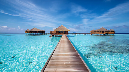 Fototapeta premium A breathtaking aerial view captures stunning expanse of Maldives island, showcasing luxurious water villas resort and intricate wooden pier against backdrop