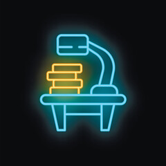 Neon icon of a desk lamp shining light on a stack of books on a desk