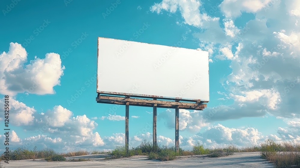 Poster empty white billboard on weathered structure against a bright blue sky with fluffy clouds and sparse