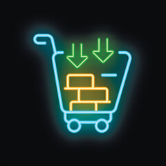 Neon icon of a shopping cart losing value as bricks fall out of it
