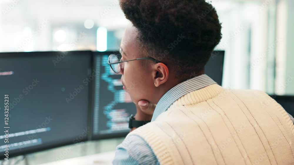 Fototapete Screen, it support developer or man on computer for coding research, project or cybersecurity update. Scroll, back or programmer on technology for web development, programming or building software