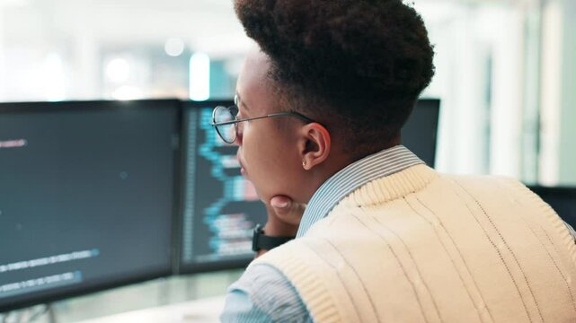 Screen, it support developer or man on computer for coding research, project or cybersecurity update. Scroll, back or programmer on technology for web development, programming or building software