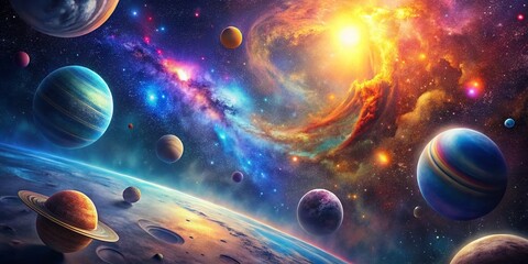 Aerial View of Vibrant Cosmic Scene with Colorful Planets and Nebulae