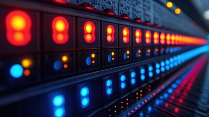 Close-up view of illuminated control panel with colorful lights in a high-tech environment