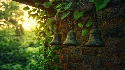 Fototapeta premium Three antique bells hang on a mossy brick wall
