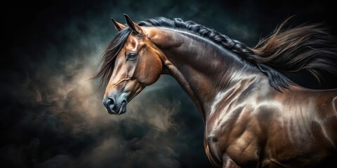 Fototapeta premium Majestic Brown Horse Portrait Against Dark Smoky Background, Showing Strength and Elegance