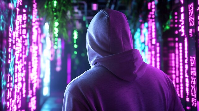Hooded figure in neon-lit alley, code backdrop, cyberpunk aesthetic, stock photo