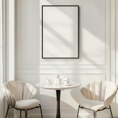 Fototapeta premium Minimalist white interior with two chairs and a round table with a blank picture frame on the wall. perfect for showcasing your design