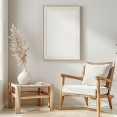A cozy living room with a wooden chair. a side table with a vase. and a blank frame on the wall