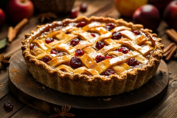 Delicious homemade apple pie with lattice crust and berries on wooden table.