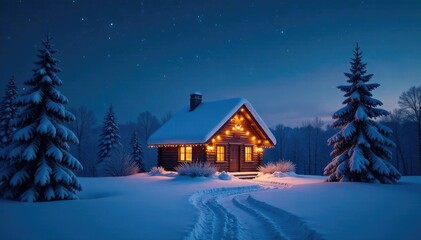 Naklejka premium Cozy snow-covered cottage under starry night sky with twinkling Christmas lights, night, serene, snowy