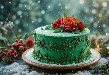 A Christmas cake with green frosting, decorated with roses and a snowy background