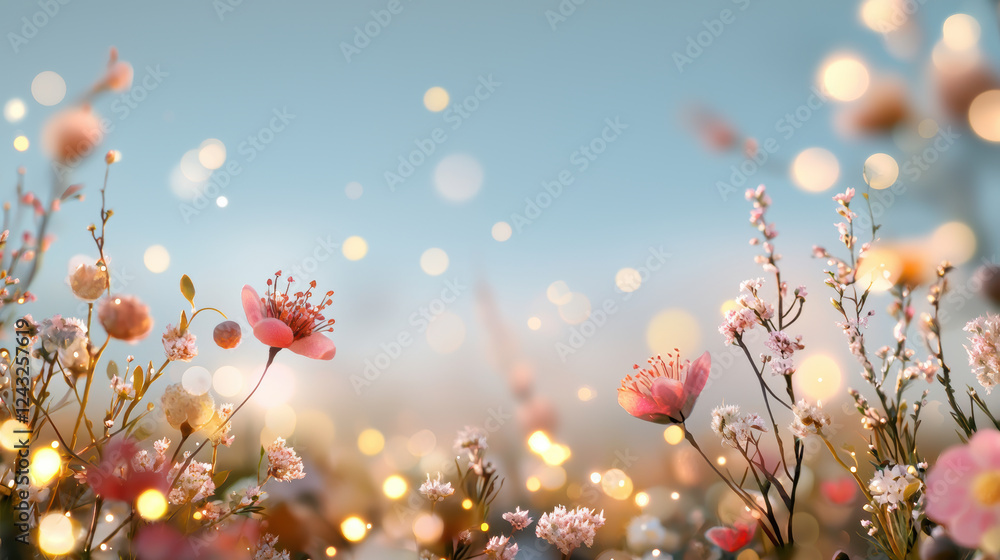 Poster blurred bokeh with muted tones. soft muted bokeh with whimsical flowers creating dreamy atmosphere