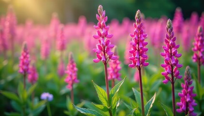 Obraz premium Field of Salvia flowers in different stages of bloom, field, blooms, flowers