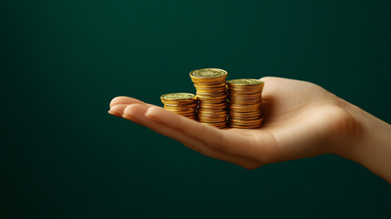 A hand is shown holding a stack of gold coins, symbolizing wealth and financial success against a dark green backdrop.