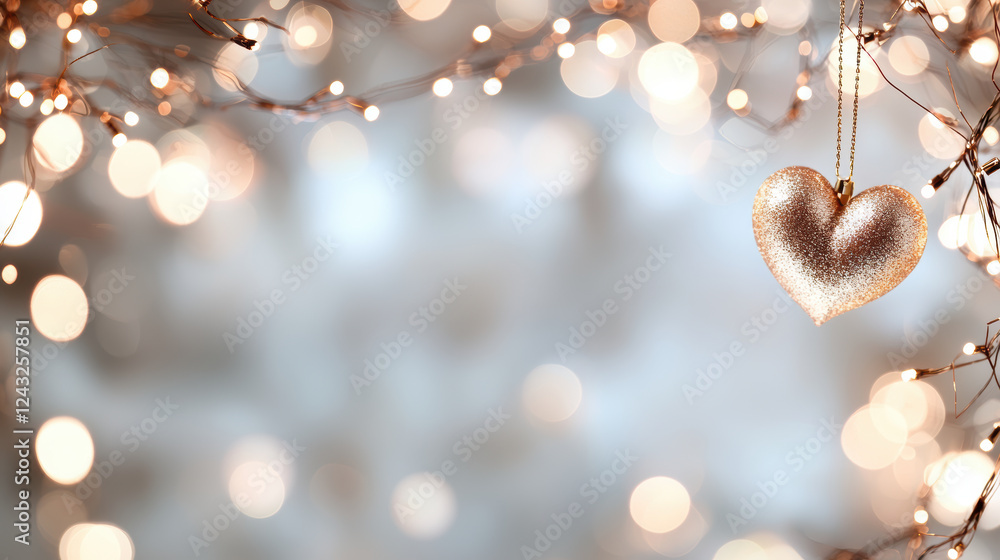 Poster blurred bokeh with muted tones. sparkling heart ornament surrounded by warm bokeh lights creates dre