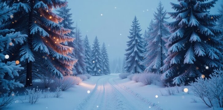 Frosty winter forest with snow-covered trees and twinkling lights, frosted trees, winter wonderland - Powered by Adobe