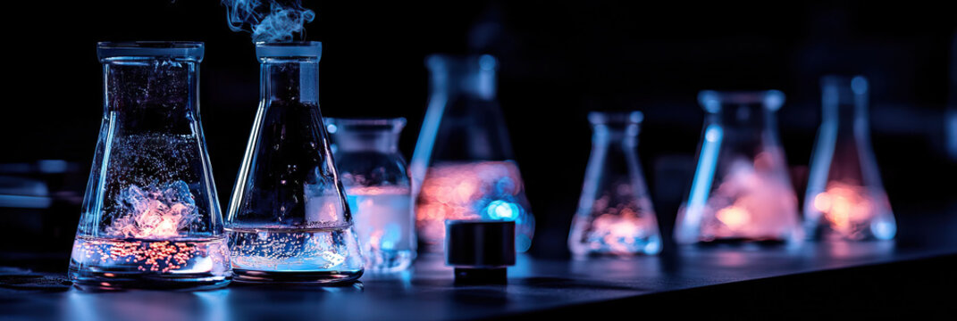 Erlenmeyer Flasks with Chemical Reaction and Illuminated Liquids