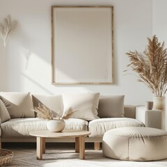 Minimalist living room with a beige sofa. coffee table. and ottoman. and a framed canvas on the wall