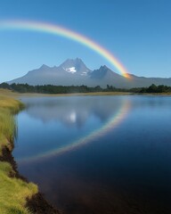 Naklejka premium Rainbow over serene lake and mountain.