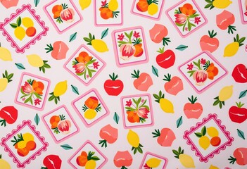 Sweet Pink Fruit & Flower Design: Square Frames with Lemons, Peaches, & More on Light Cotton. Ideal for Summer Dresses, Accessories, & Crafts!
