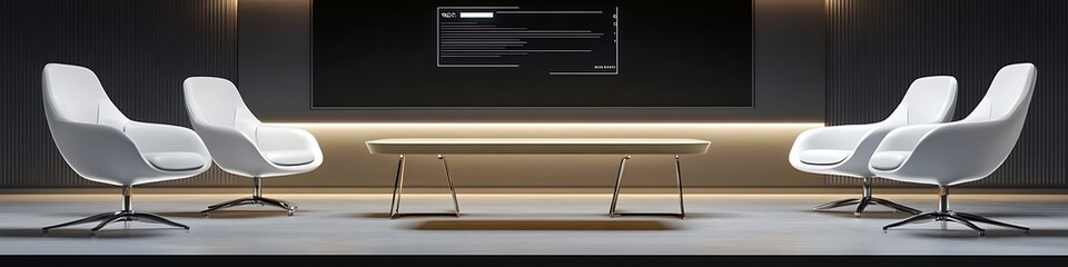 Obraz premium A professional virtual background of a minimalist conference space with stylish white chairs a digital screen and a polished table